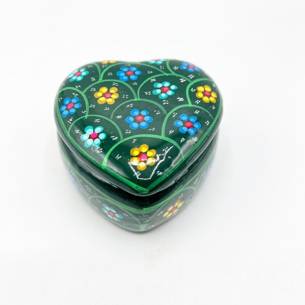 Hand Painted Mexican Redware Pottery Trinket Box Mosaic Glaze Heart Floral GLOWS